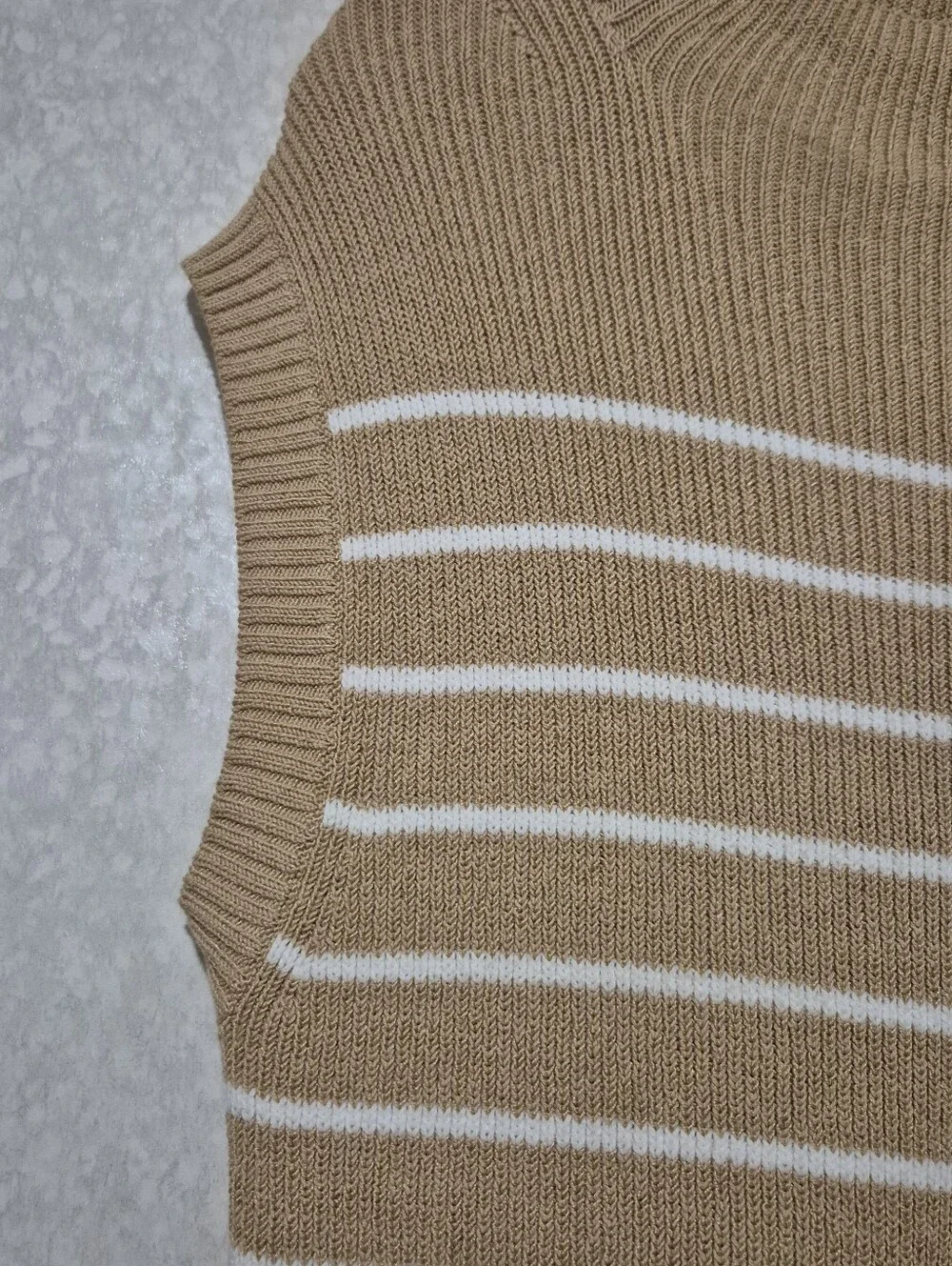 Anthropologie Beige & White Striped Sleeveless Knit Vest-Amara-mock-neck-S